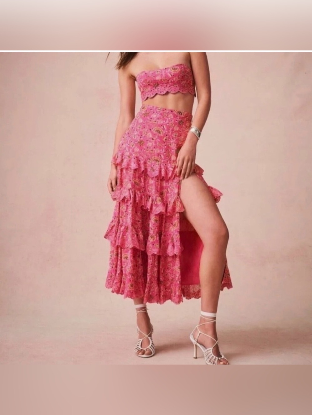 NWT Caroline Constas Pink Floral Cotton 2-Piece Set Crop Top Tiered Midi Skirt - Picture 7 of 17